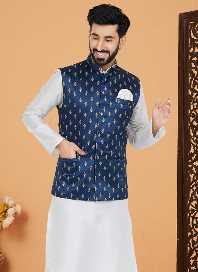 Banarasi Dhupion Navy Blue Wedding Wear Banarasi Work Modi Jacket Kurta Pajama